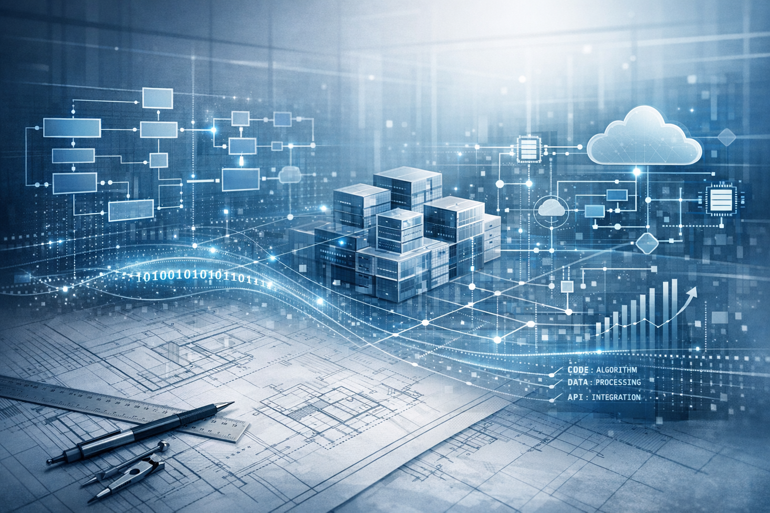 Blueprints with drafting tools, digital data flow diagrams, cloud icons, and a cityscape of digital buildings