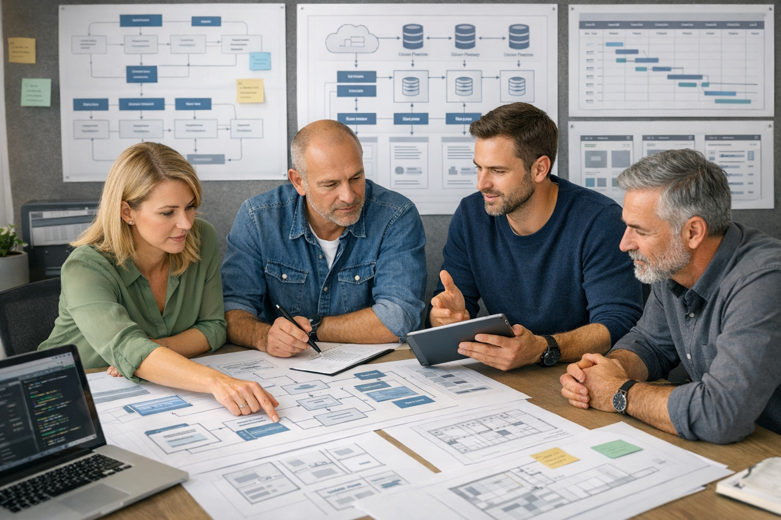 Four people discussing diagrams and charts on a table, with flowcharts and graphs on the wall behind them